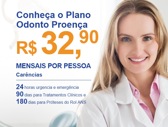 Banner de fundo amarelo com mulher morena apontando para os dentes brancos em sorriso - texto em vermelho descrevendo odonto proença por R$ 32,90