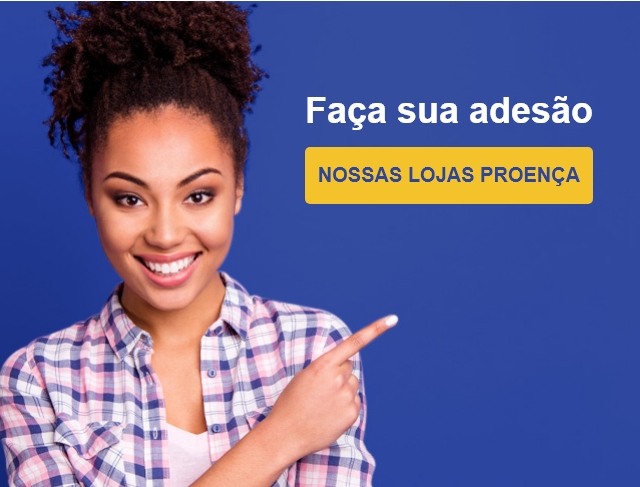 Banner de fundo azul com mulher morena sorrindo e apontando para texto - Faça sua adesão (nossas lojas casa e vídeo)